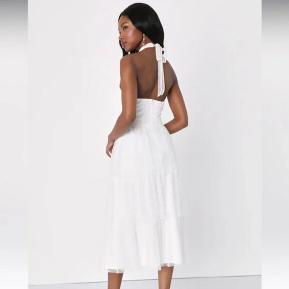 NWT Lulus Positively Precious White Floral Mesh Tiered Halter Midi Dress - Picture 4 of 6